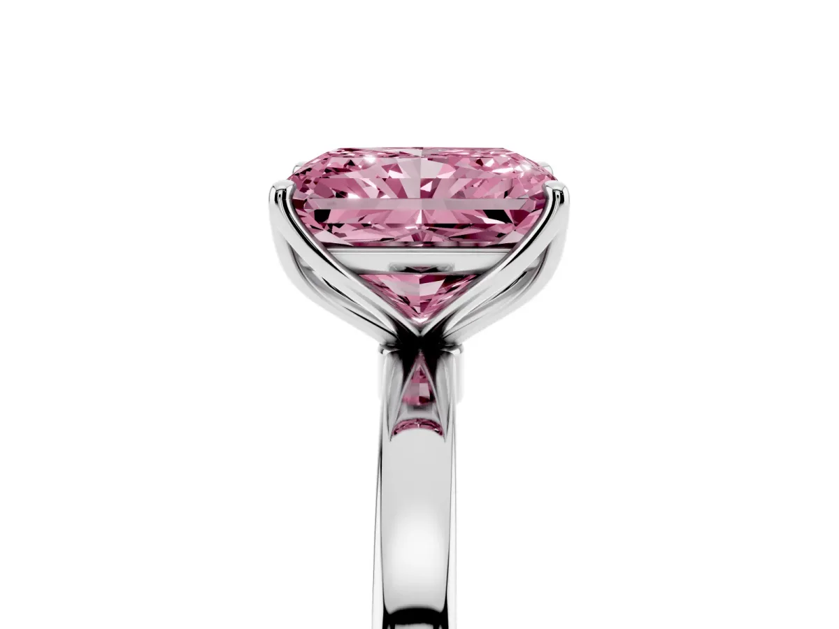 Fancy Pink Radiant Cut Diamond Solitaire Ring with Thin Band and Prong Setting White gold