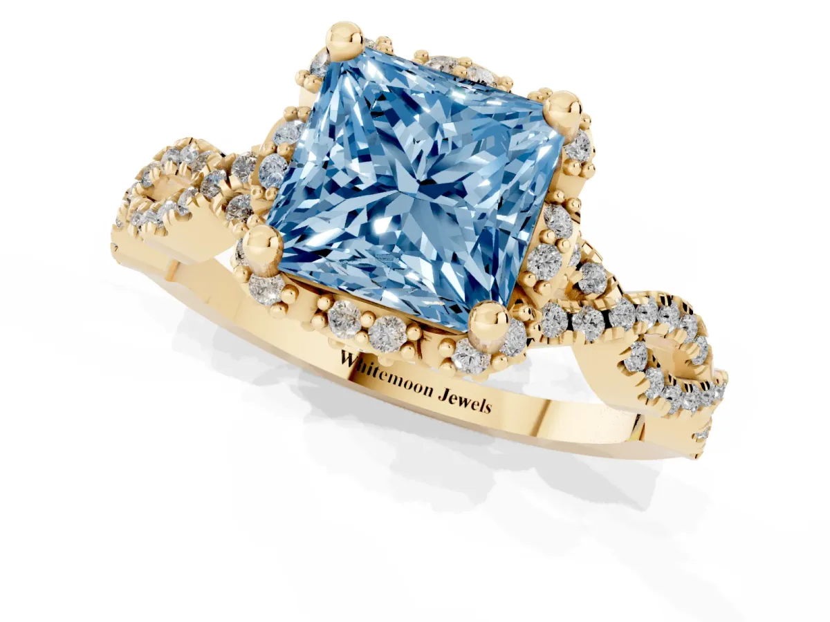 Fancy Blue Princess Cut Halo Twist Band Solitaire Ring with Six-Prong Setting Yellow gold