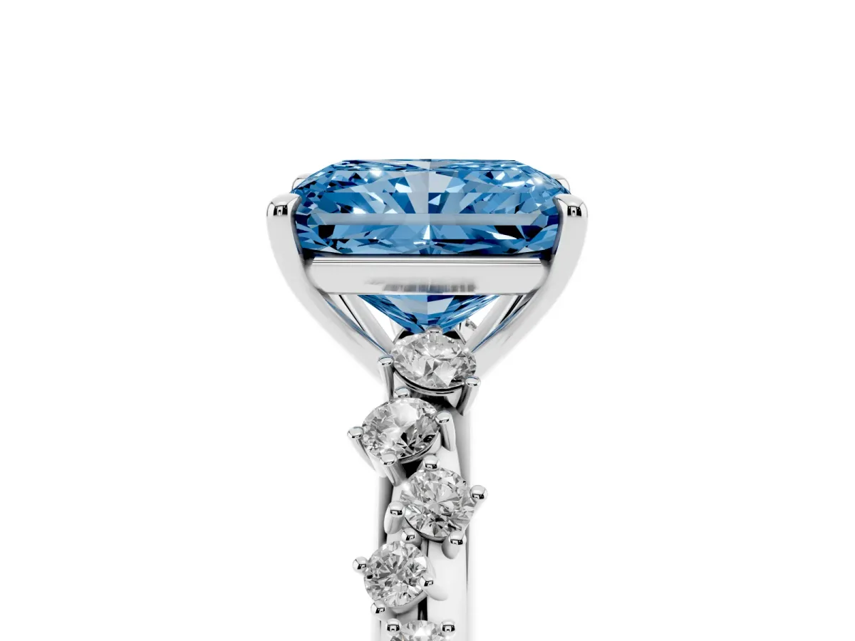 Fancy Blue Radiant Cut Diamond Cluster Side Stone Solitaire Ring with Prong Setting Silver