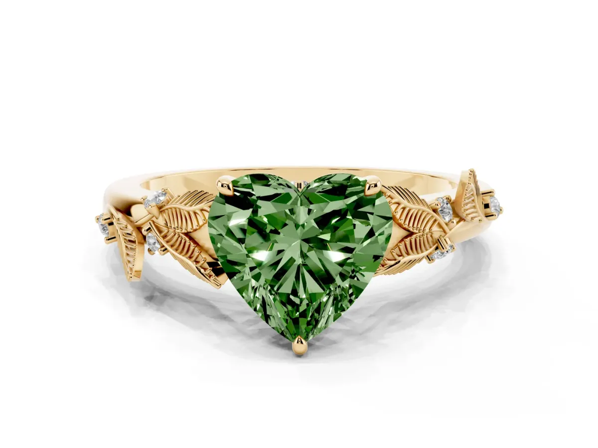 Fancy Green Heart Cut Diamond Solitaire Ring with Leaf Motif Band and Four-Prong Setting Yellow gold