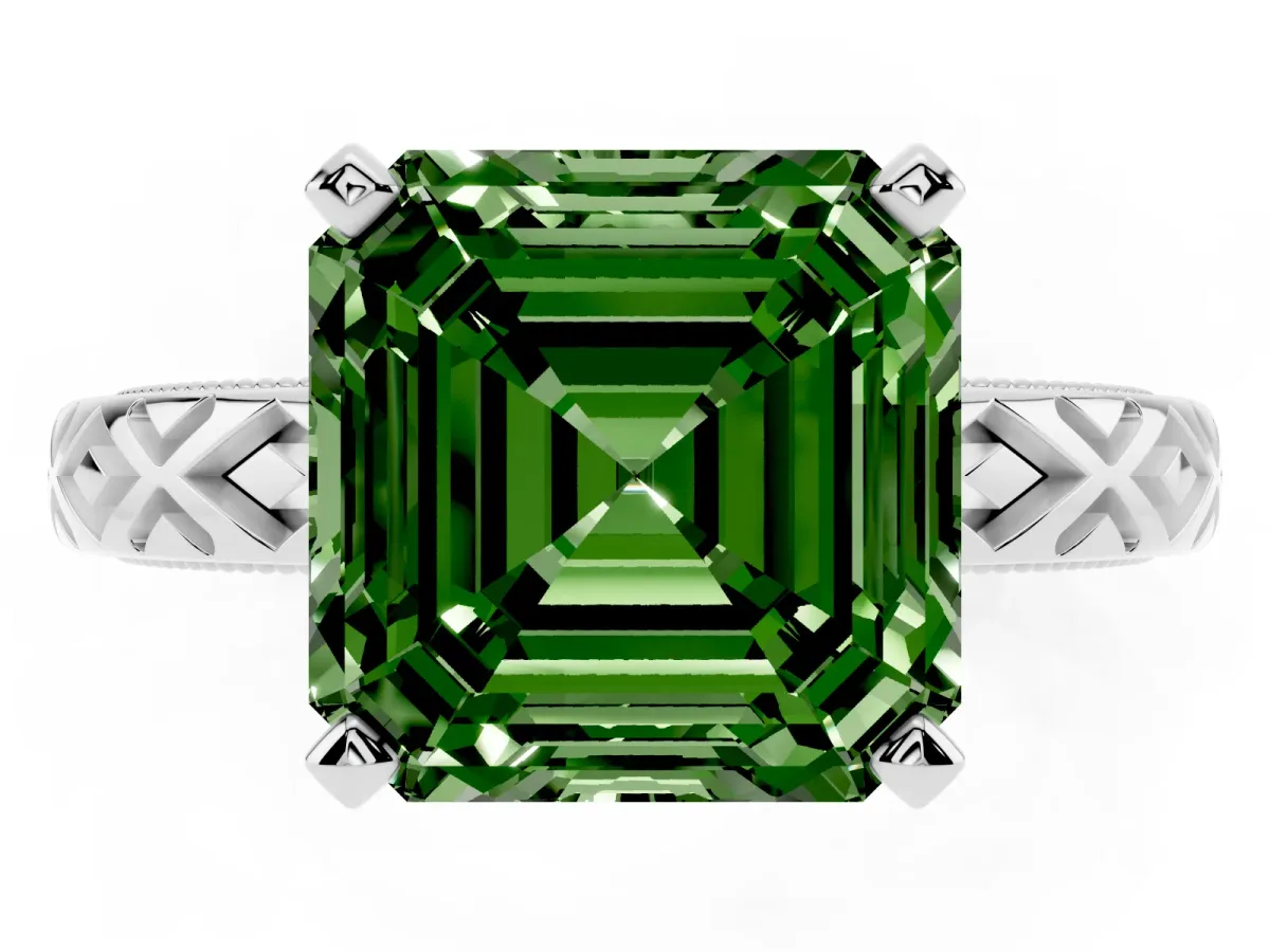 Fancy Green Asscher Cut Solitaire Diamond Ring with Milgrain and Black Enamel X Pattern Band Silver