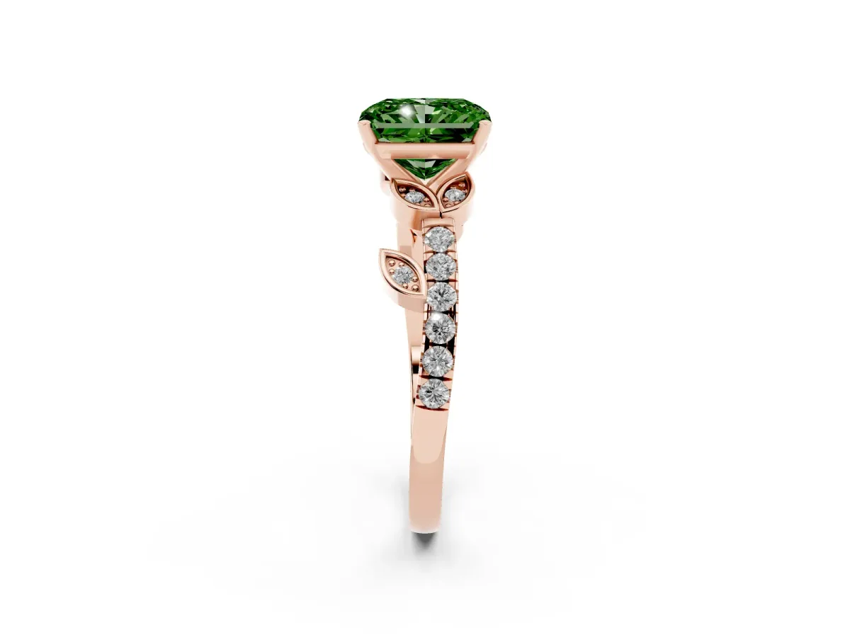 Fancy Green Radiant Cut Solitaire Leaf-Inspired Diamond Ring with Pavé Band and Four-Prong Setting Rose gold