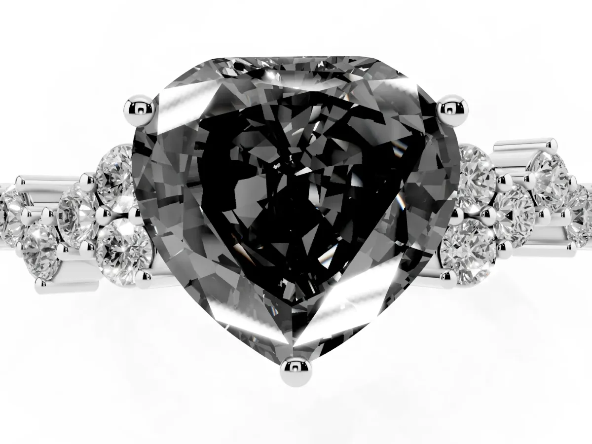 Fancy Black Heart Cut Diamond Scattered Round Accent Ring with Prong Setting White gold