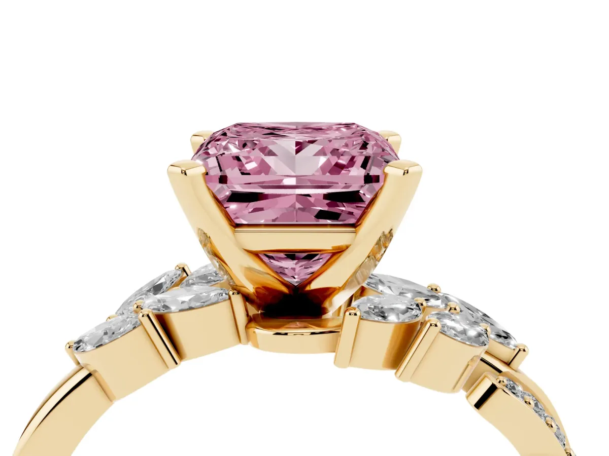 Fancy Pink Princess Cut Solitaire Marquise Twist Band with Six-Prong Setting Yellow gold