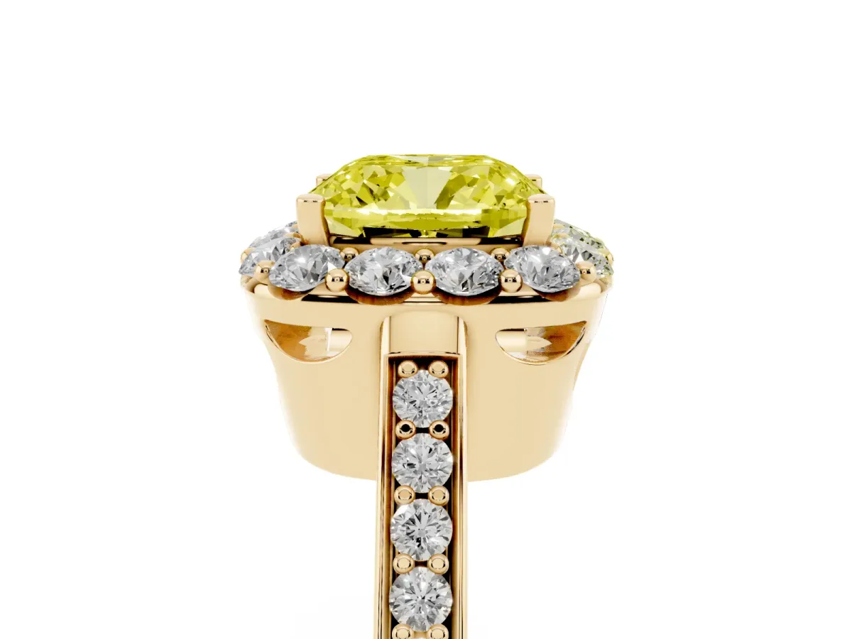 Fancy Yellow Cushion Cut Diamond Floral Halo Ring with Pavé Band and Prong Setting Yellow gold