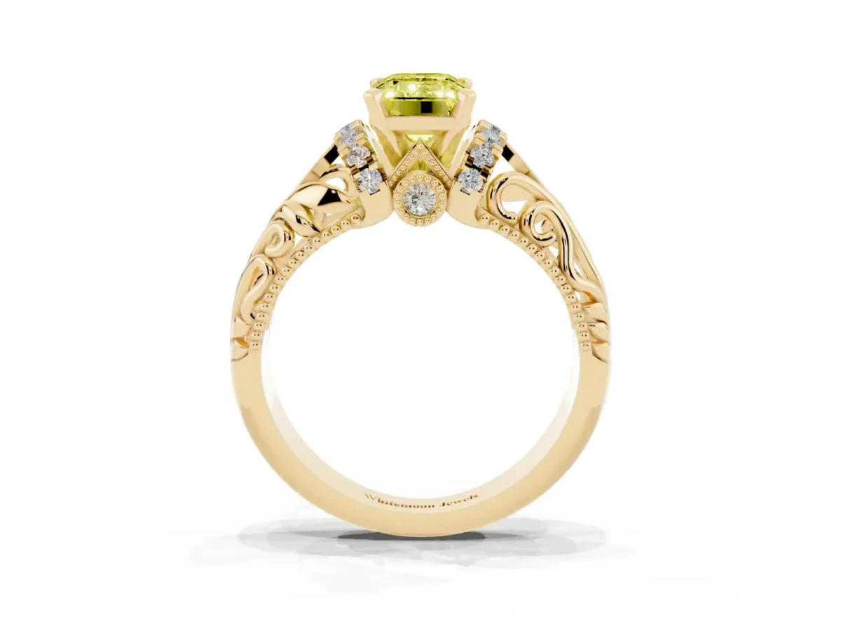 Fancy Yellow Emerald Cut Solitaire Filigree Engagement Ring with Halo and Prong Setting Yellow gold