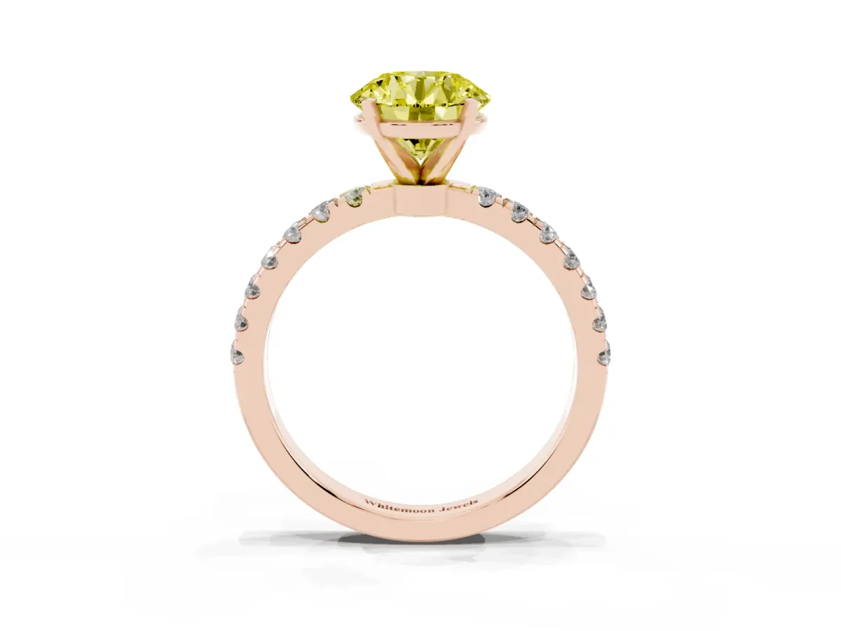 Fancy Yellow Round Cut Diamond Solitaire Ring with Pavé Accents and Four-Prong Setting Rose gold