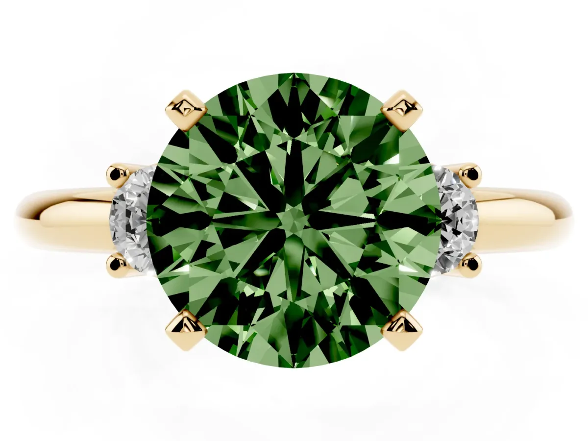 Fancy Green Three-Stone Round Cut Cut Diamond Solitaire with Prong Setting and Classic Band Yellow gold