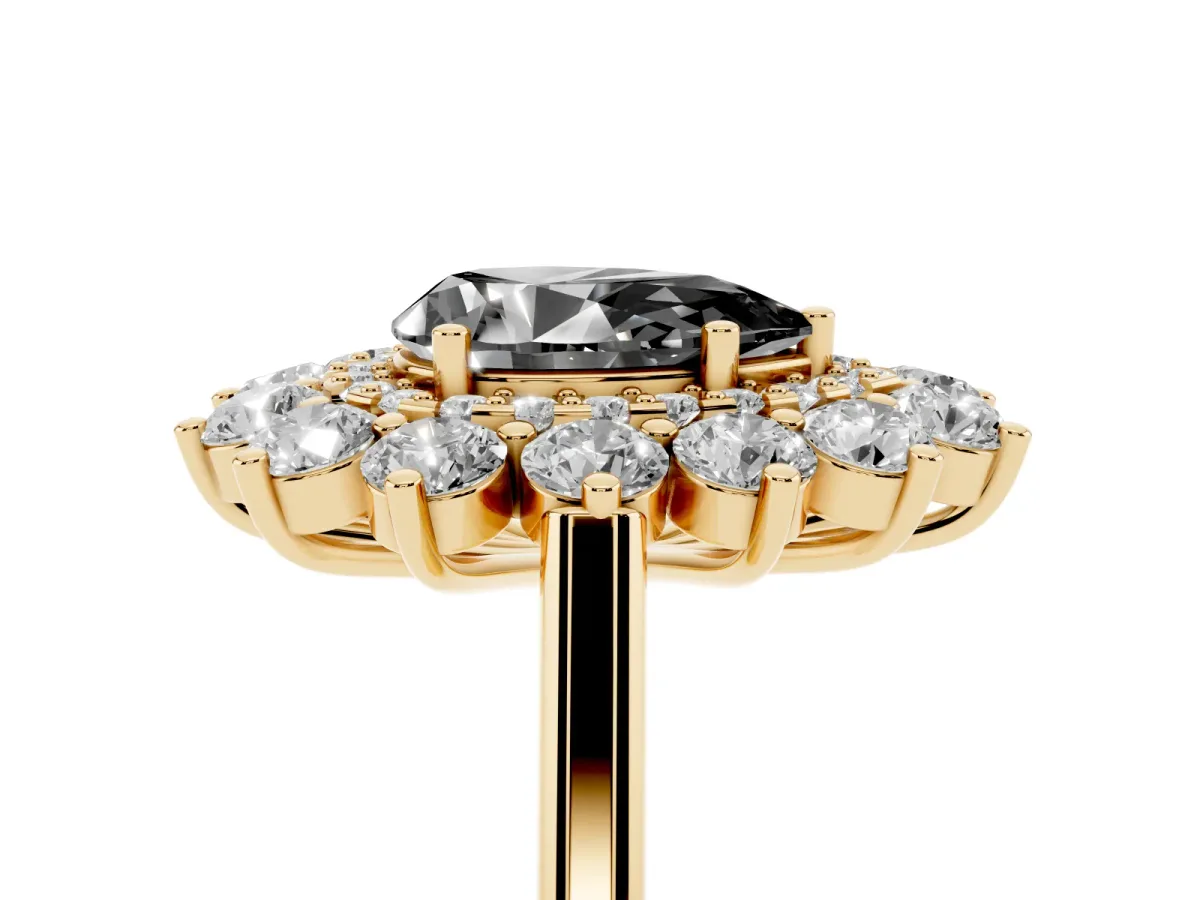 Fancy Black Pear Cut Diamond Floral Double Halo Engagement Ring with Prong Setting Yellow gold