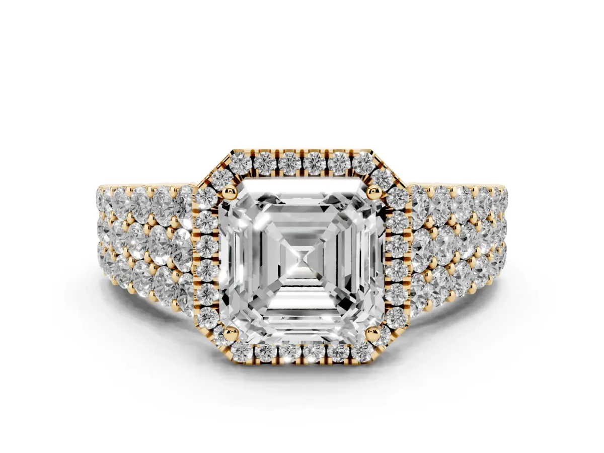 Asscher Cut Diamond Halo Engagement Ring with Triple Row Round Pavé Band and Prong Setting Yellow gold