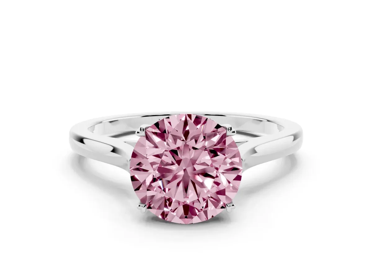 Fancy Pink Round Cut Solitaire Heart Prong Engagement Ring with Tapered Band White gold