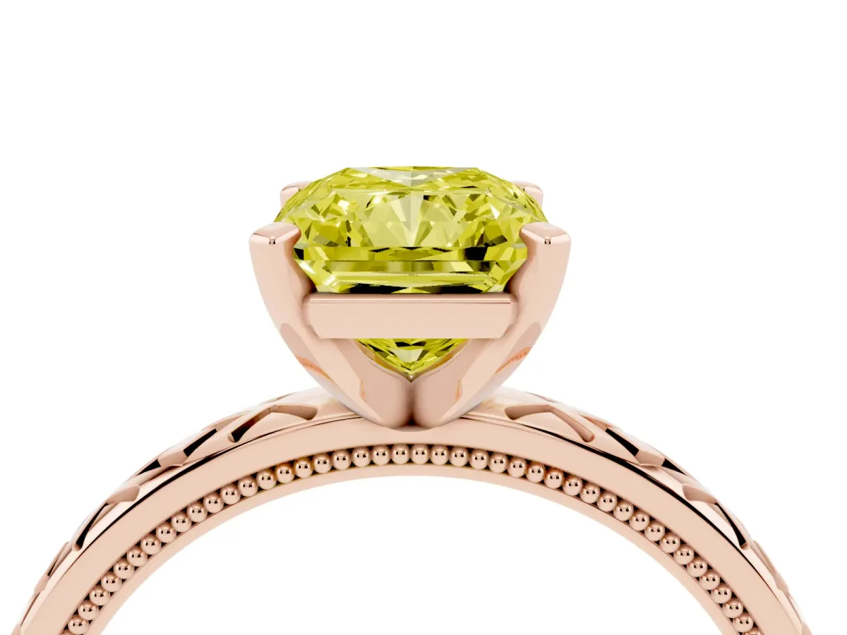 Fancy Yellow Radiant Cut Solitaire Diamond Ring with Milgrain and Black Enamel X Pattern Band Rose gold
