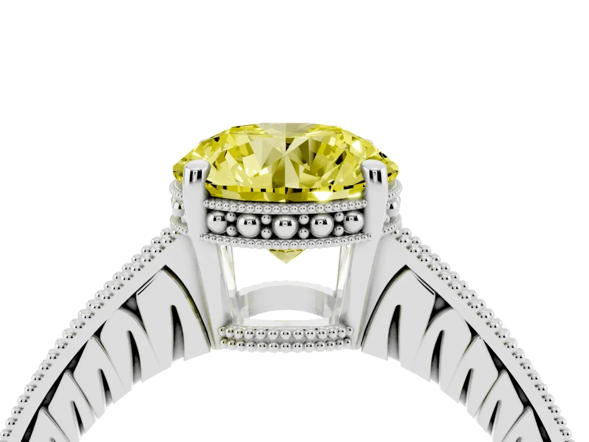 Fancy Yellow Round Cut Solitaire Pavé Diamond Milgrain Engagement Ring with Four-Prong Setting Silver