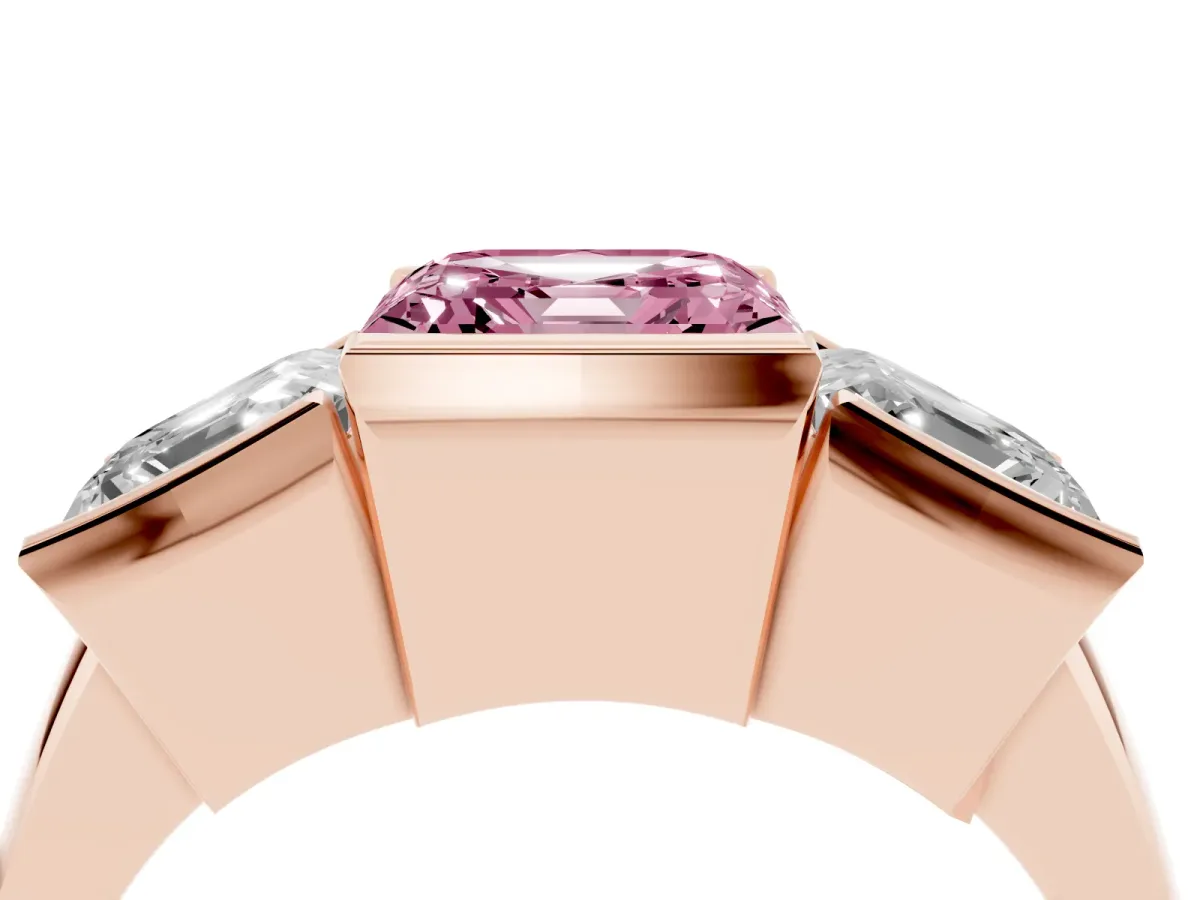 Fancy Pink Three Stone Asscher Cut Cut Channel Set Diamond Ring Rose gold