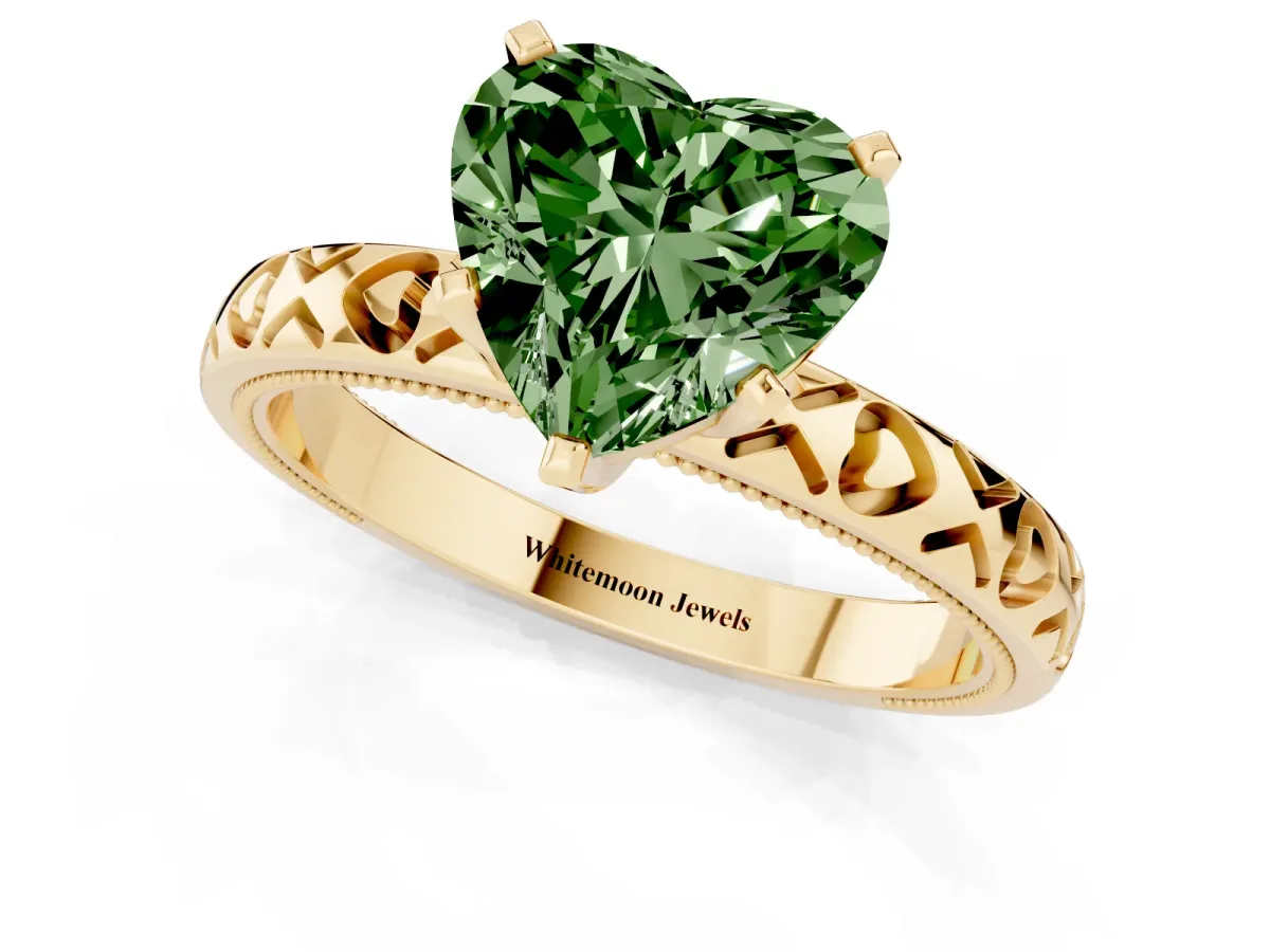 Fancy Green Heart Cut Solitaire Diamond Engagement Ring with XO Engraved Band and Four-Prong Setting Yellow gold