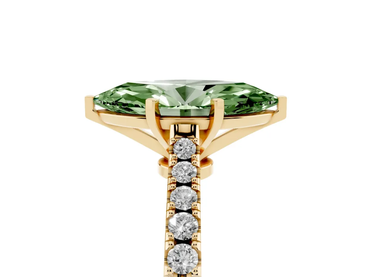 Fancy Green Marquise Cut Cut Solitaire Diamond Engagement Ring with Pave Band and Four-Prong Setting Yellow gold
