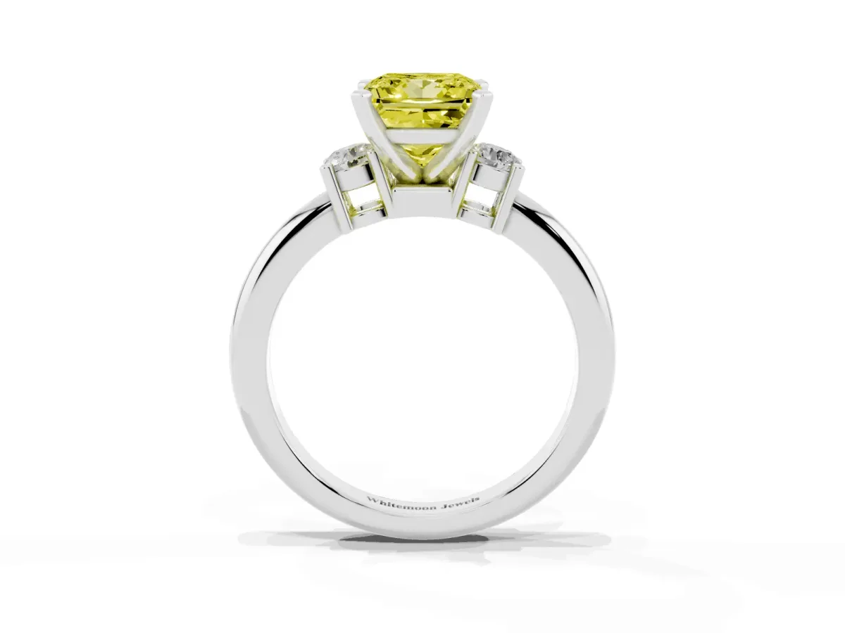 Fancy Yellow Three-Stone Princess Cut Cut Diamond Solitaire with Prong Setting and Classic Band Platinum