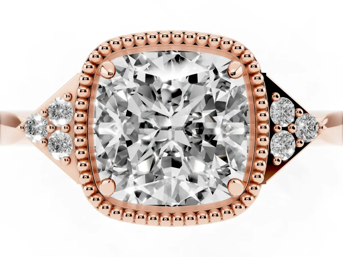 Cushion Cut Diamond Halo Ring with Tapered Band and Four-Prong Setting Rose gold