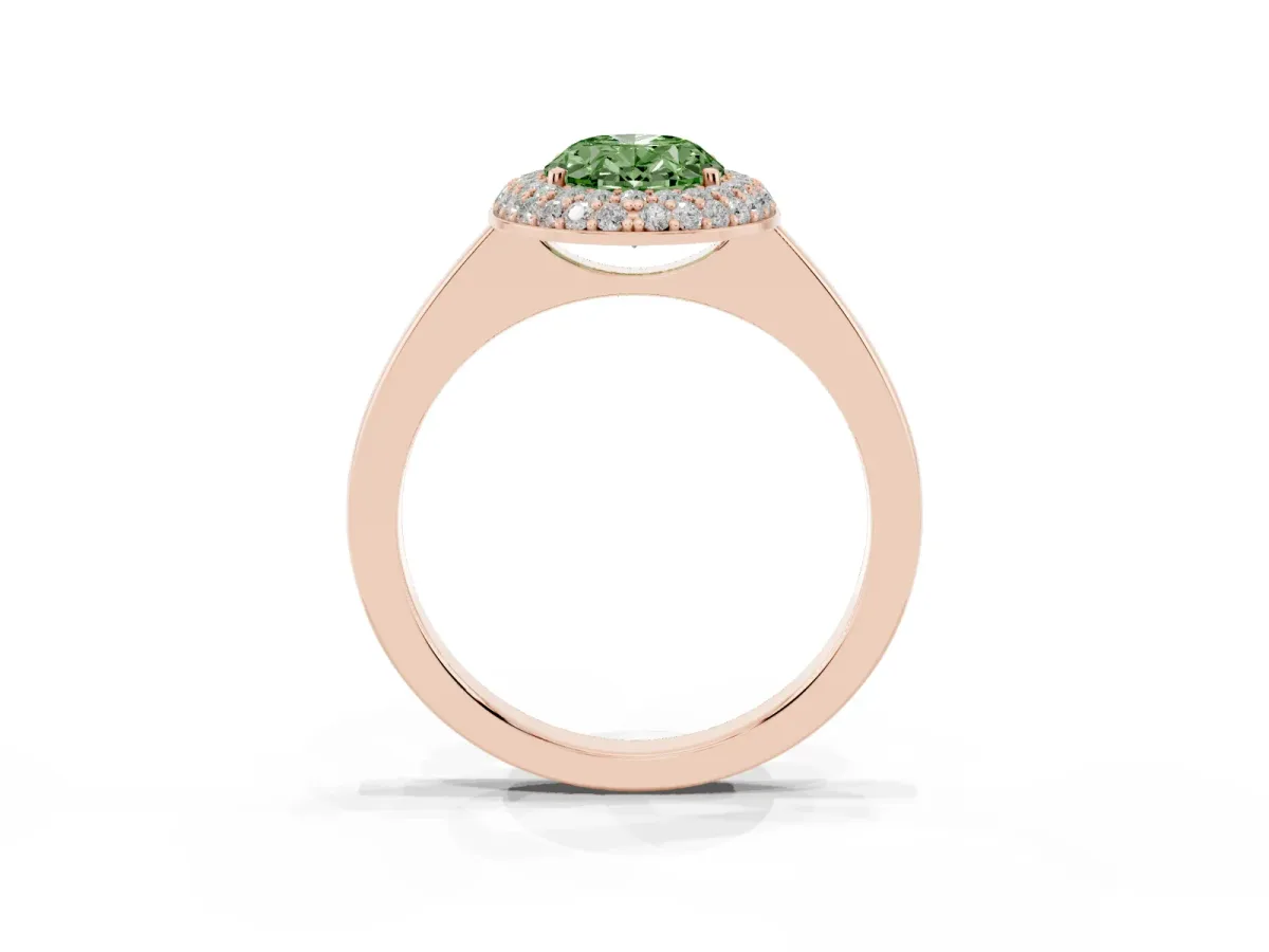 Fancy Green Oval Cut Halo Diamond Engagement Ring with Solitaire Band and Four-Prong Setting Rose gold