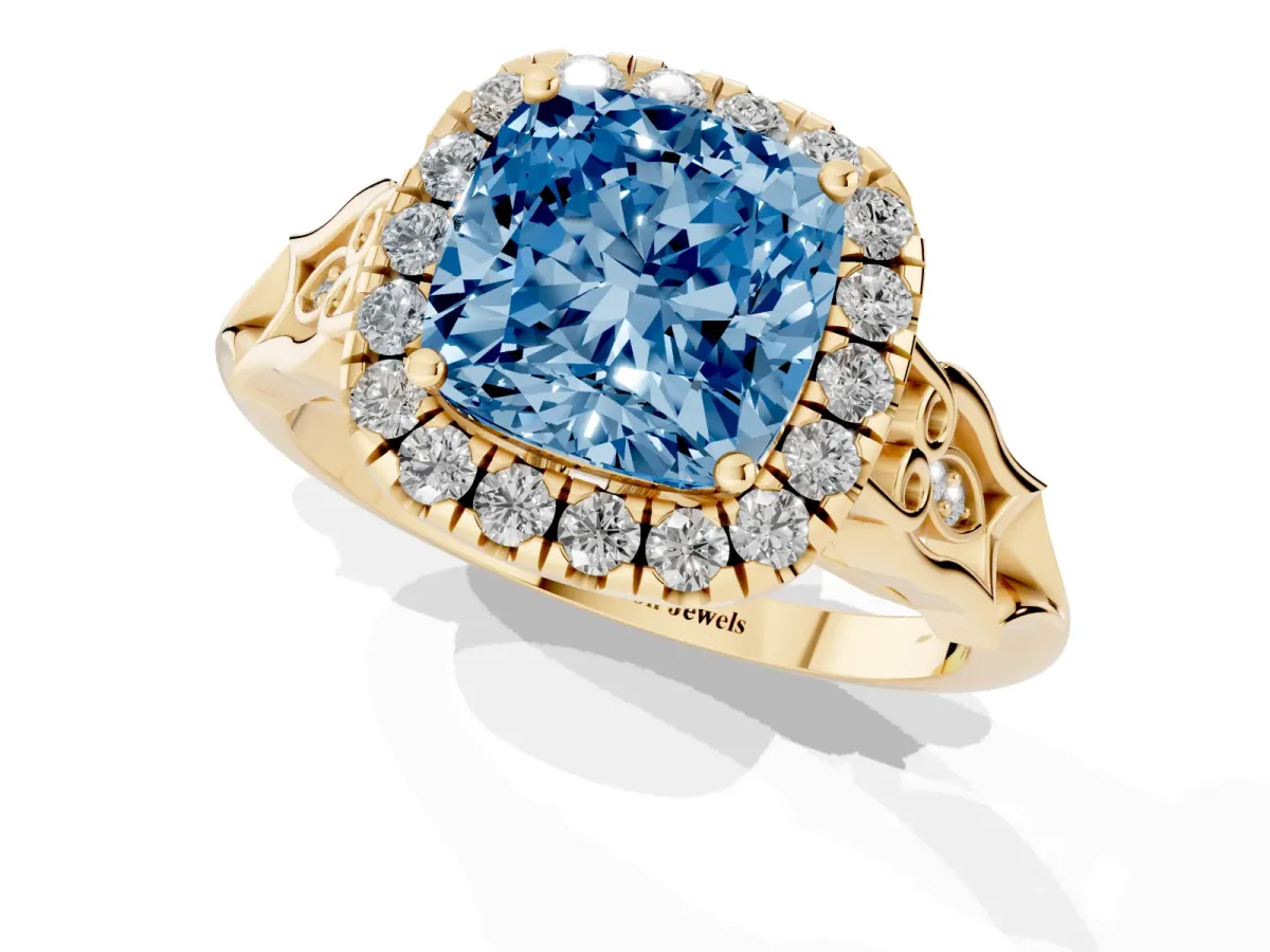 Fancy Blue Cushion Cut Halo Diamond Engagement Ring with Filigree Band and Four-Prong Setting Yellow gold