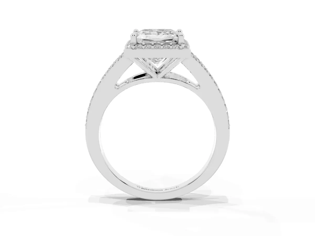 Princess Cut Halo Split Shank Diamond Ring with Prong Setting Silver