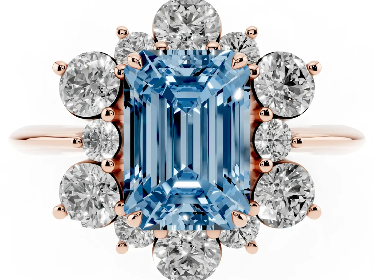 Fancy Blue Emerald Cut Diamond Cluster Halo Ring with Solitaire Band and Four-Prong Setting Rose gold