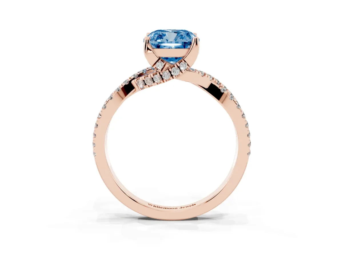 Fancy Blue Cushion Cut Solitaire Twist Pave Diamond Engagement Ring with Prong Setting Rose gold