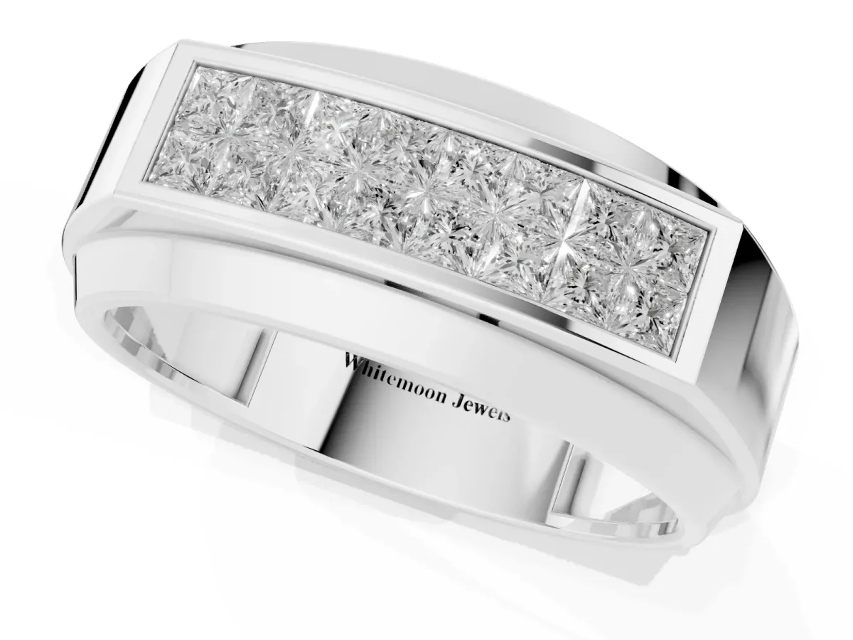 Princess Diamond Pavé Panel Mens Band Silver