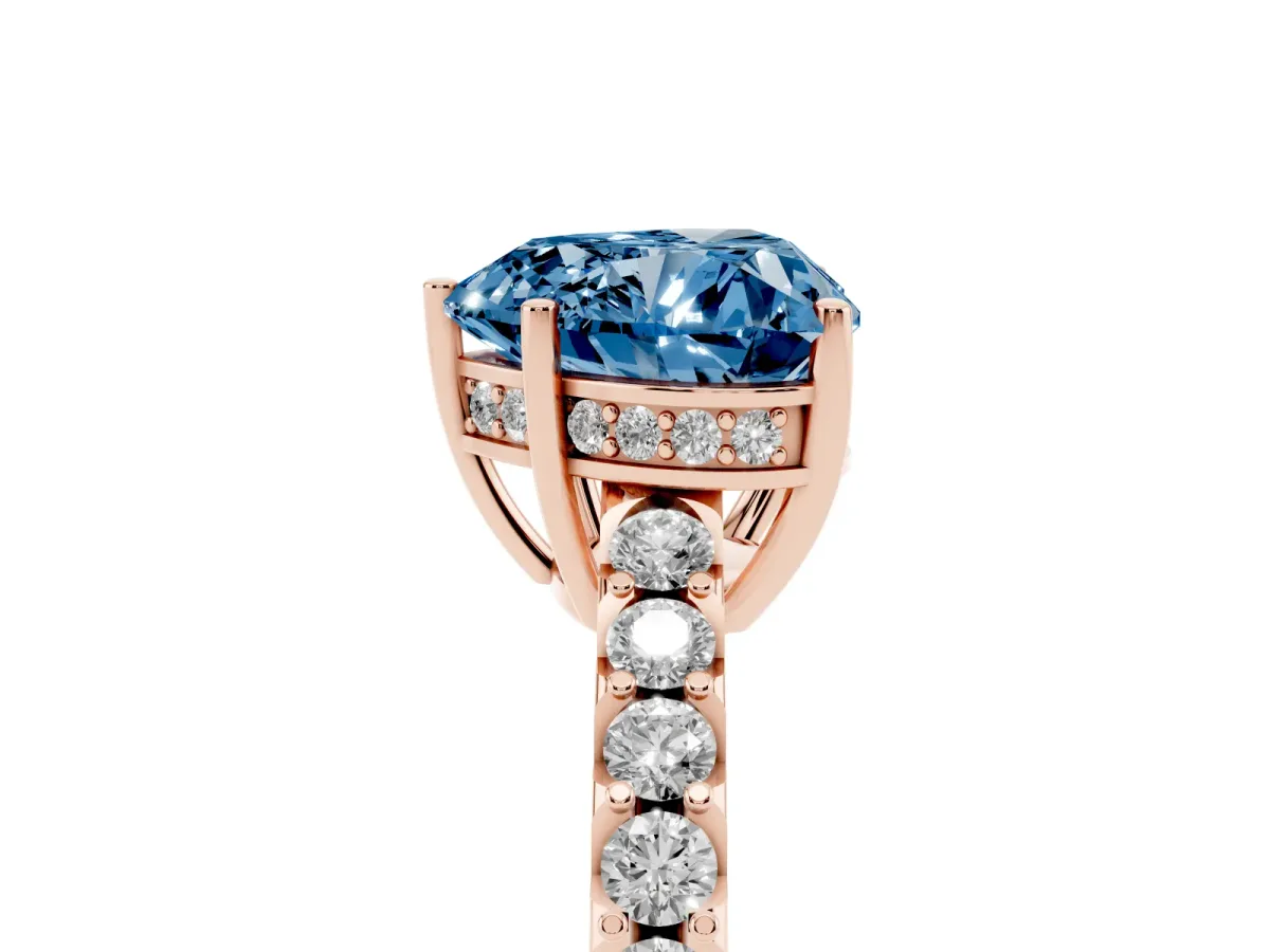 Fancy Blue Heart Cut Solitaire Diamond Engagement Ring with Pavé Band and Six-Prong Setting Rose gold