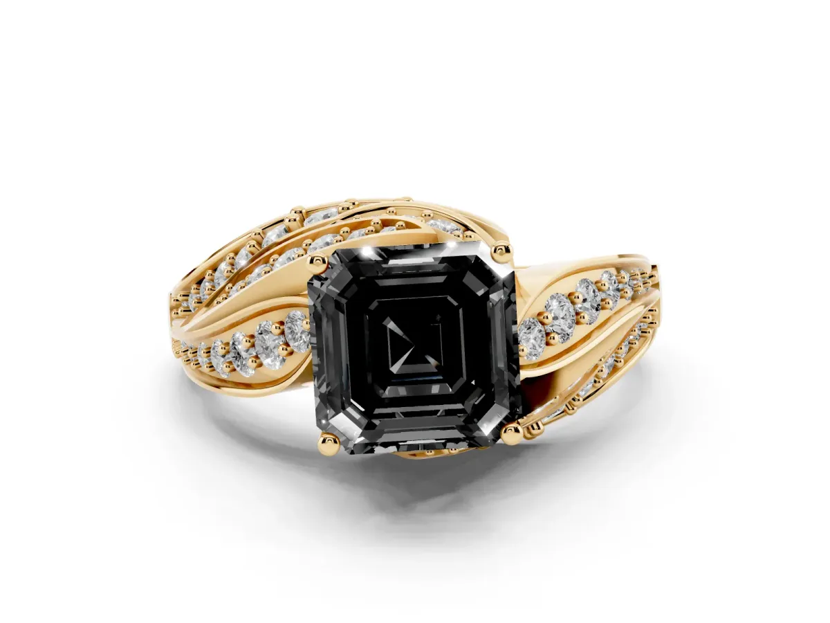 Fancy Black Asscher Cut Diamond Solitaire Ring with Prong Setting and Twisted Pavé Band Yellow gold