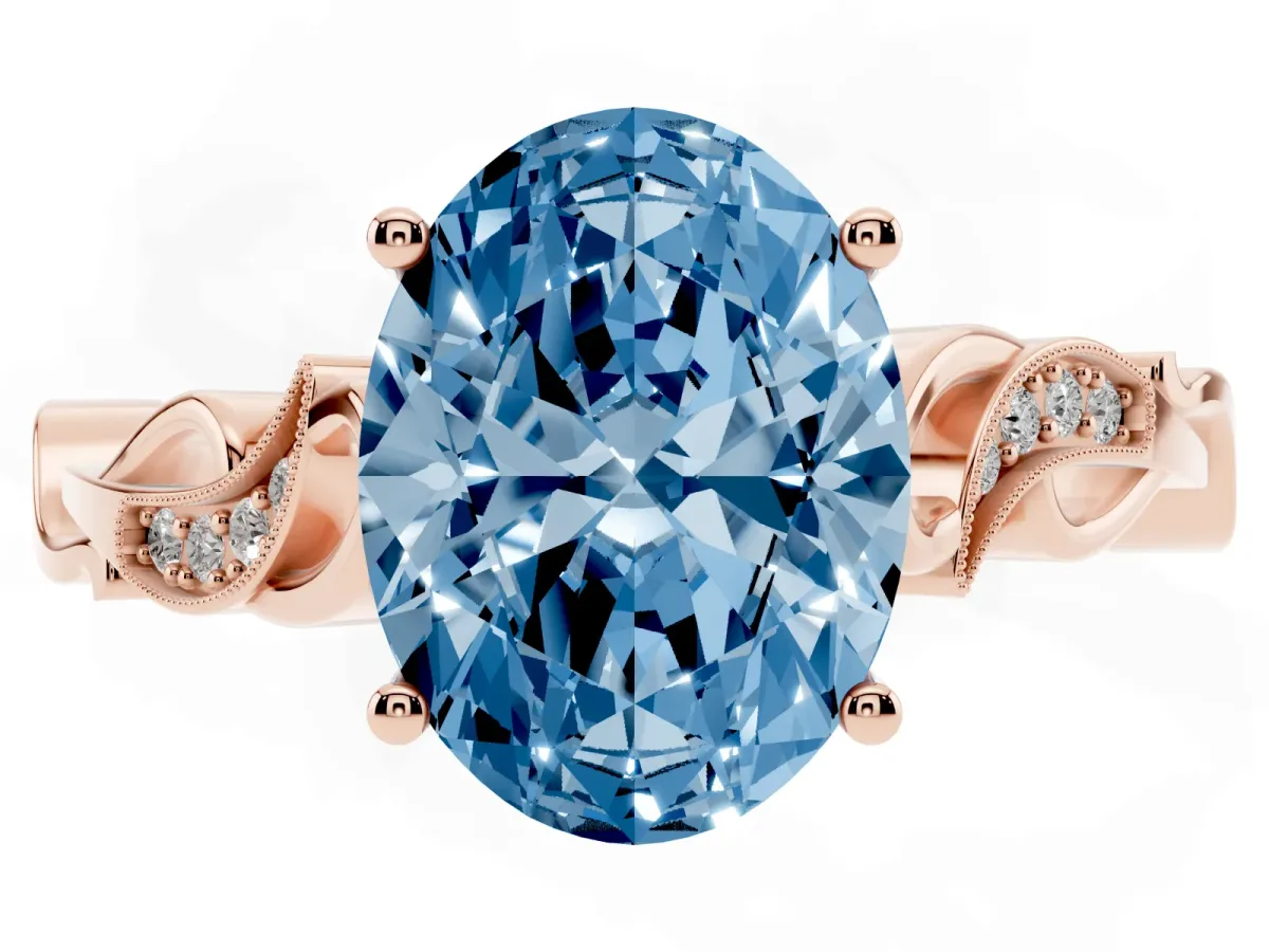 Fancy Blue Oval Cut Solitaire Vine Band with Milgrain Prong Setting Rose gold