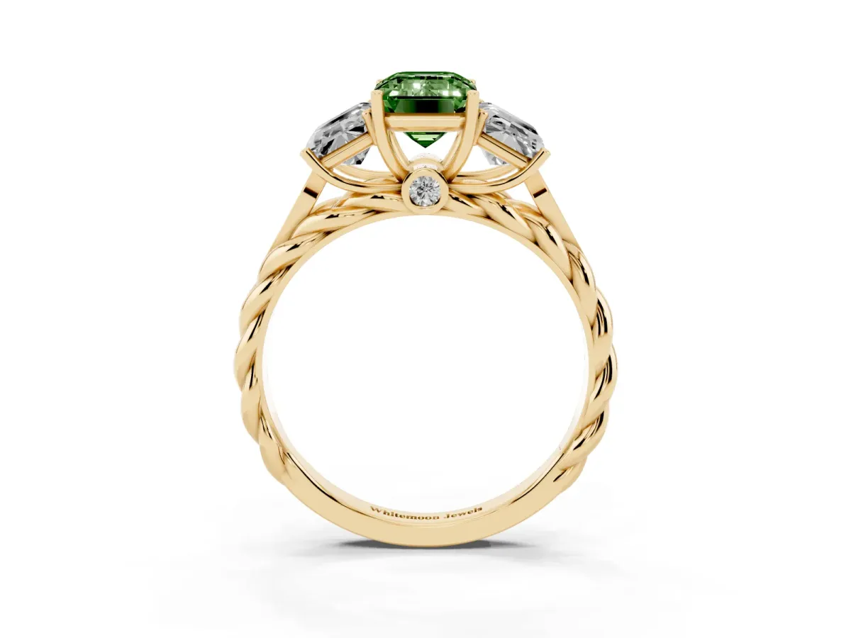 Fancy Green Three-Stone Emerald Cut Diamond Braided Band Ring with Four-Prong Setting Yellow gold