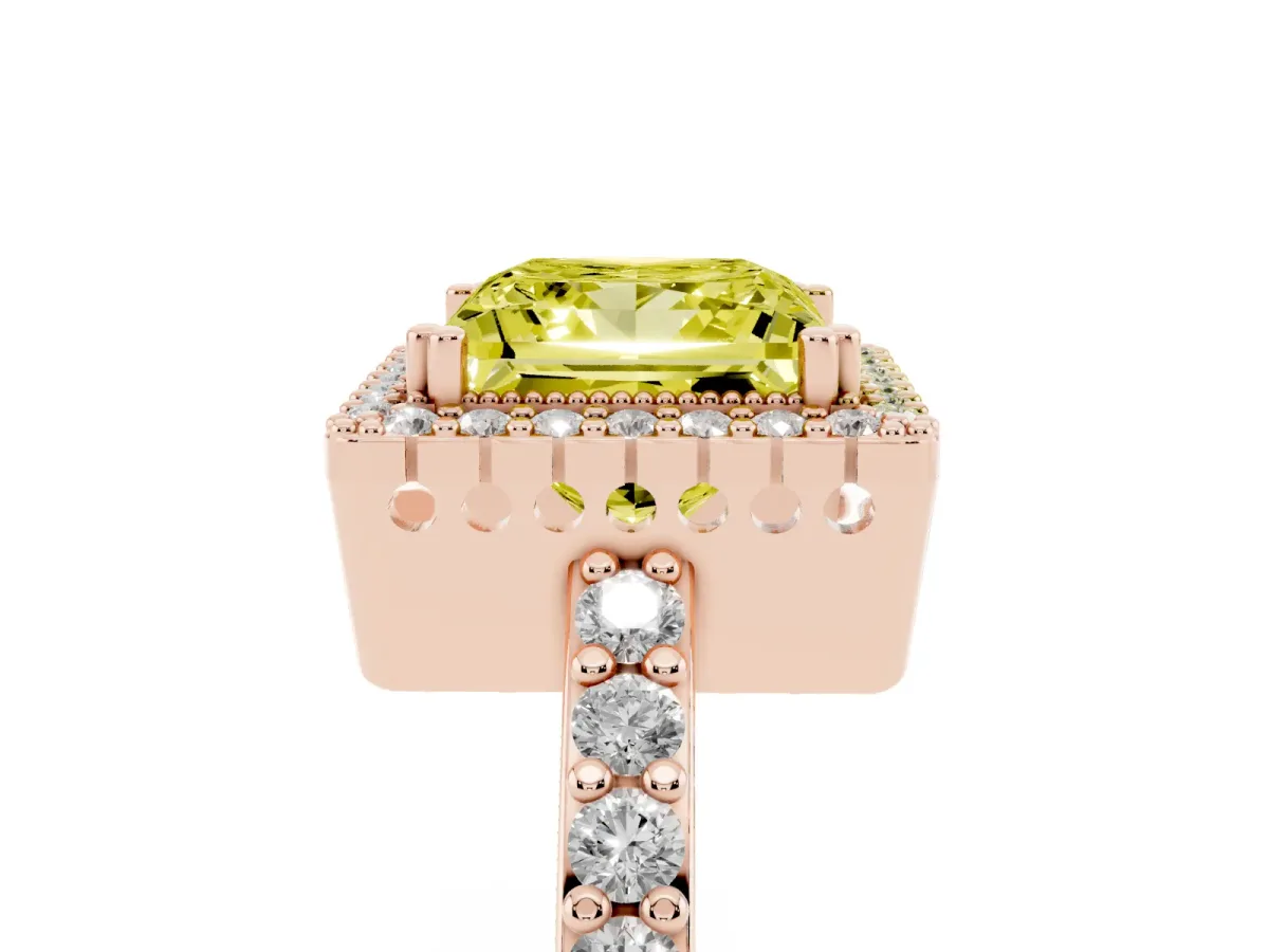 Fancy Yellow Princess Cut Cut Diamond Halo Engagement Ring with Milgrain Detail and Pavé Band Rose gold