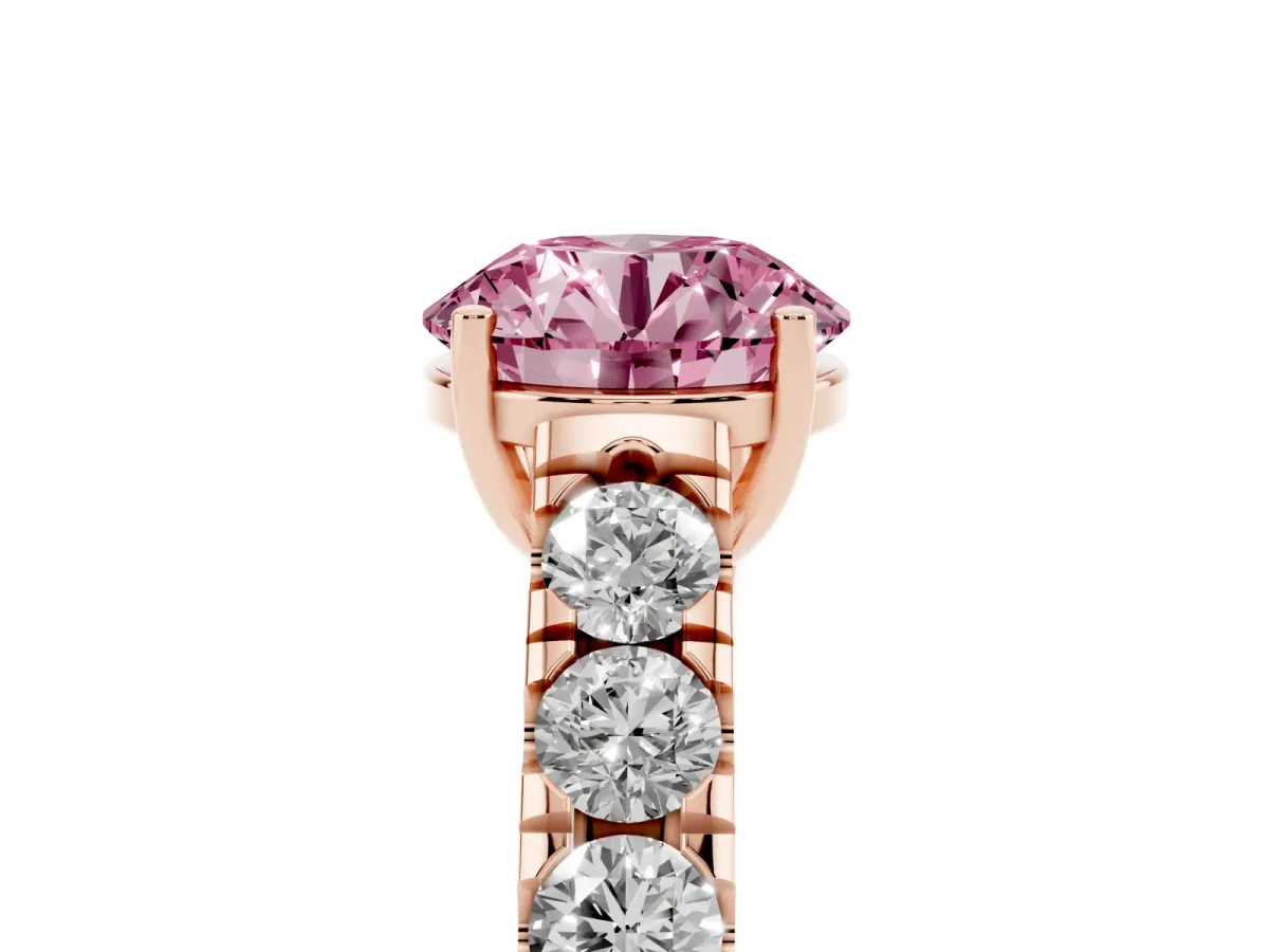 Fancy Pink Round Cut Cut Diamond Solitaire Ring with Micro Pave Band and Prong Setting Rose gold