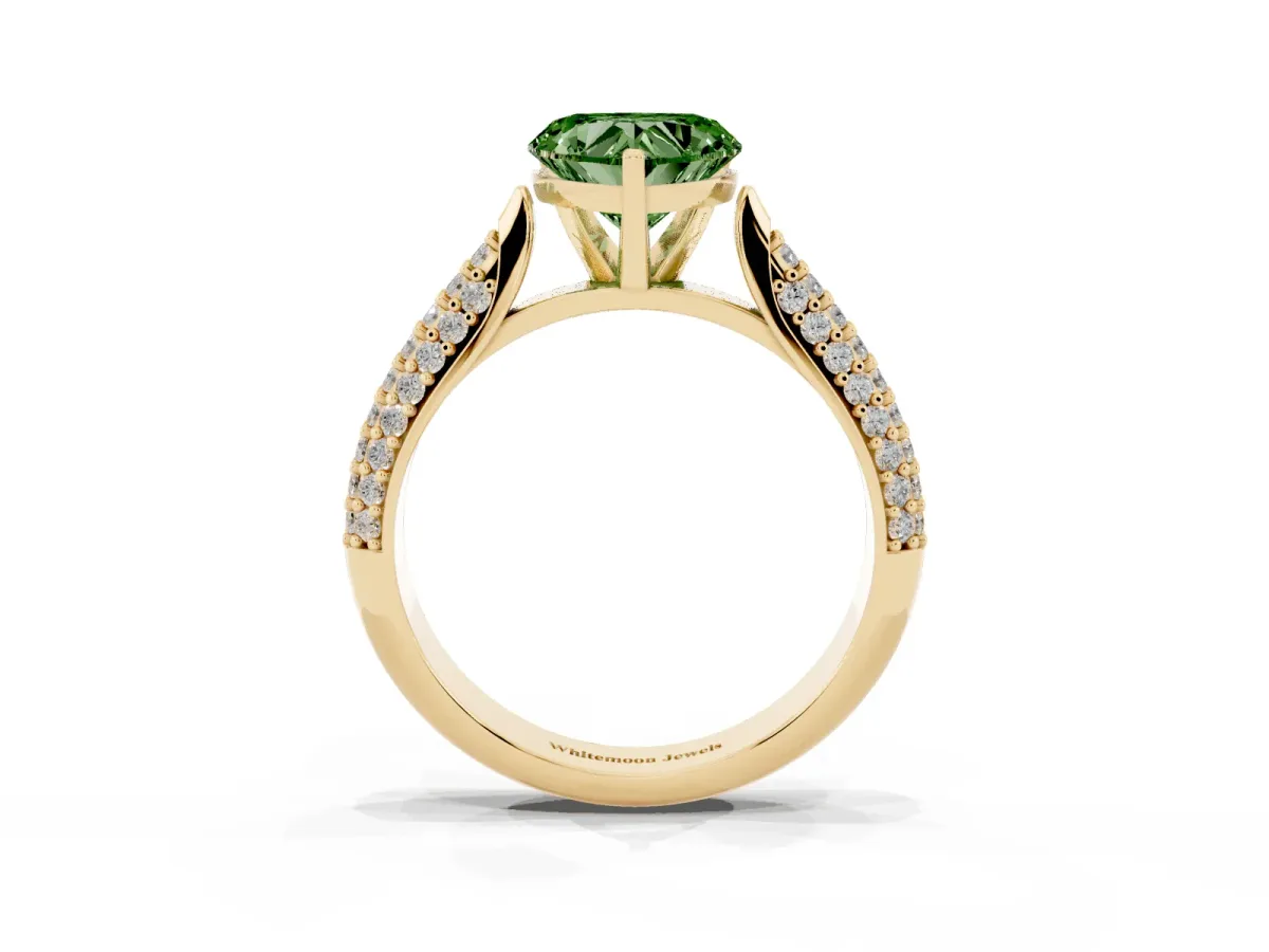 Fancy Green Heart Cut Diamond Solitaire Engagement Ring with Multi-Row Round Pavé Band and Prong Setting Yellow gold