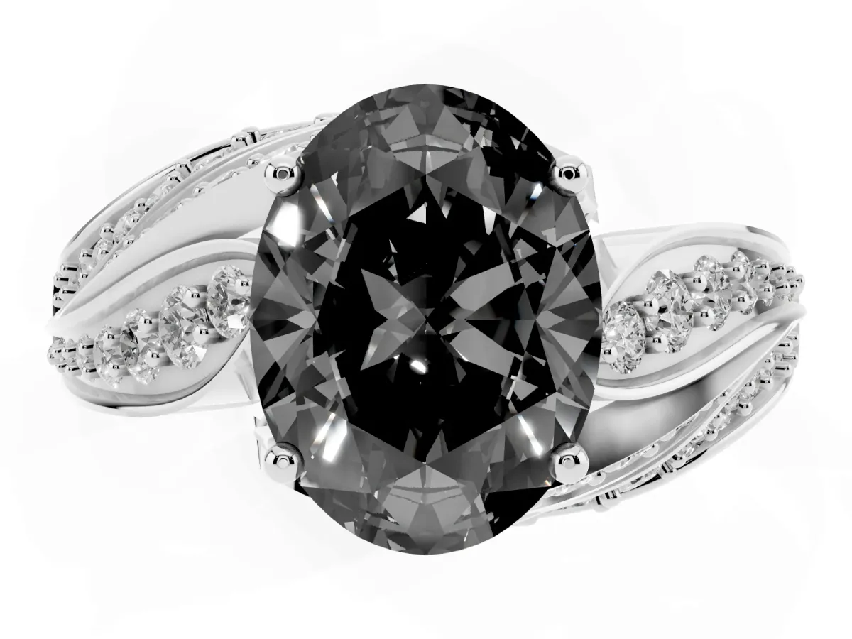 Fancy Black Oval Cut Diamond Solitaire Ring with Prong Setting and Twisted Pavé Band Silver