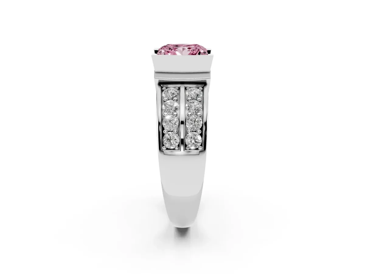 Fancy Pink Princess Cut Brilliant Diamond Channel Set Wide Band Ring with Bezel Setting Silver