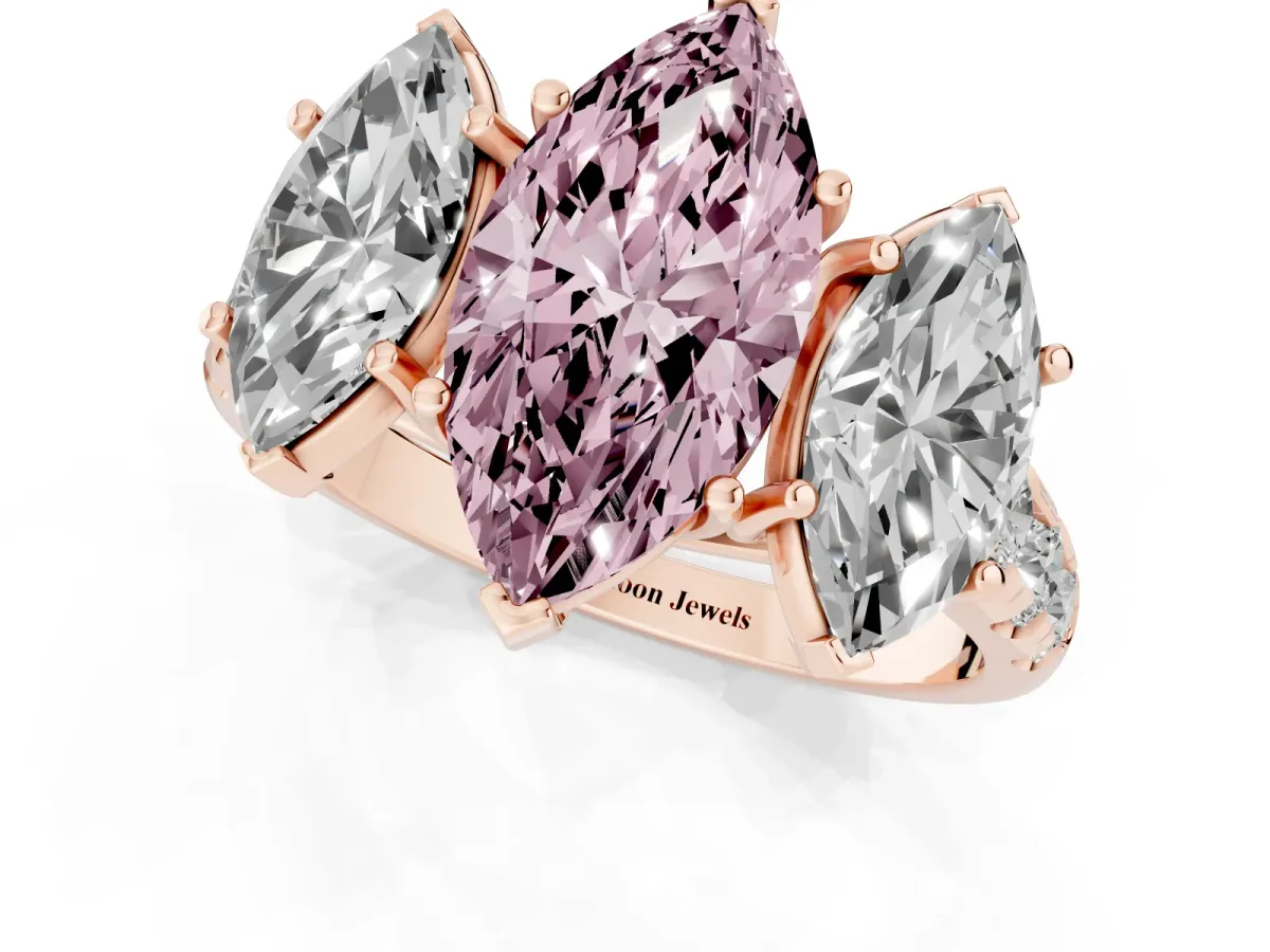 Fancy Pink Three-Stone Marquise Cut Diamond Pavé Band with Prong Setting Rose gold