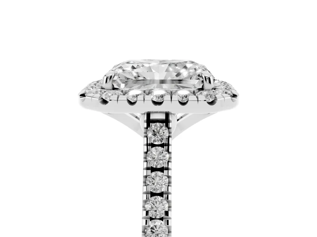 Radiant Cut Diamond Cushion Halo Ring with Pavé Band Silver