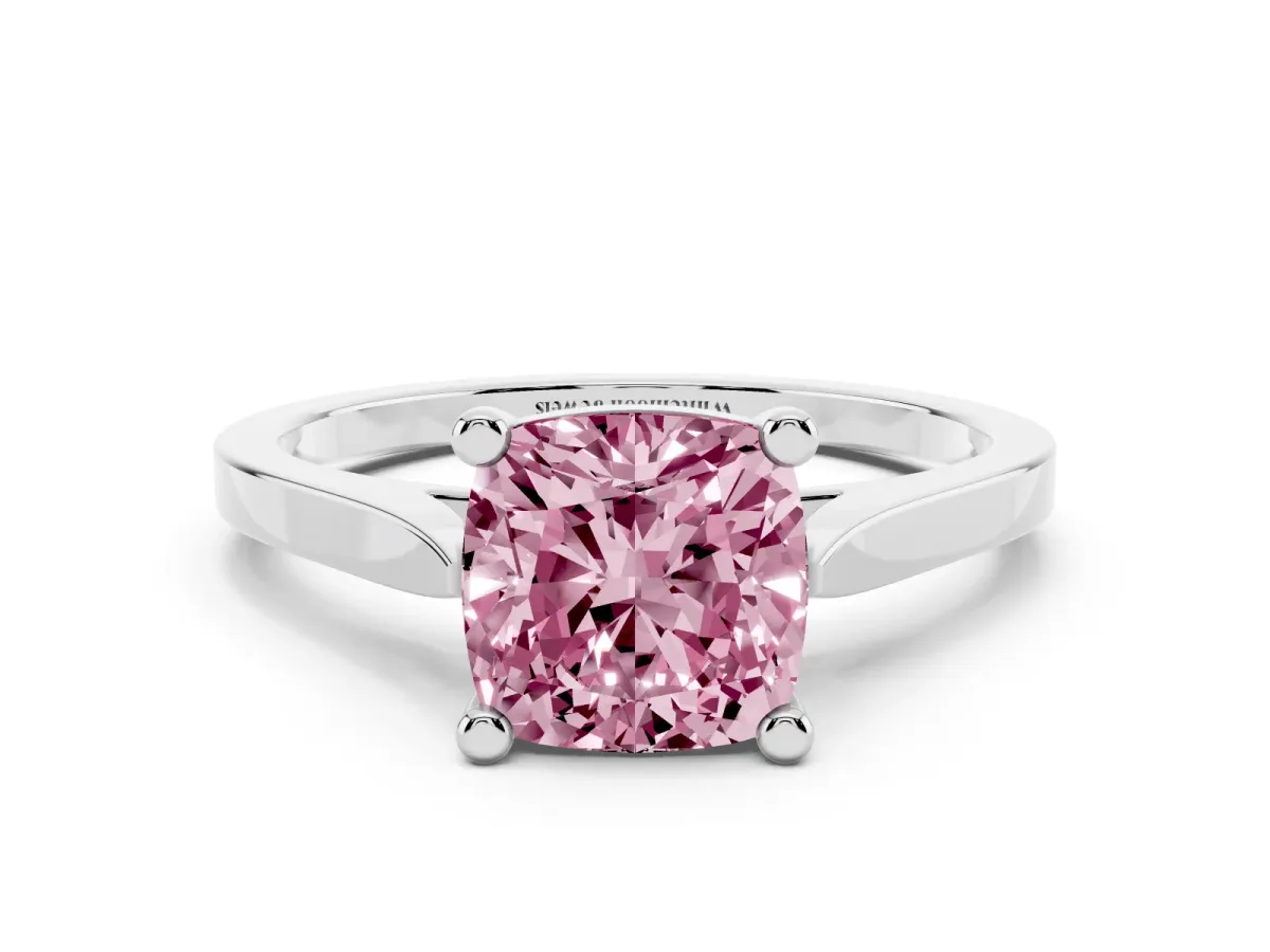 Fancy Pink Cushion Cut Solitaire Diamond Ring with Four-Prong Setting and Tapered Band Silver