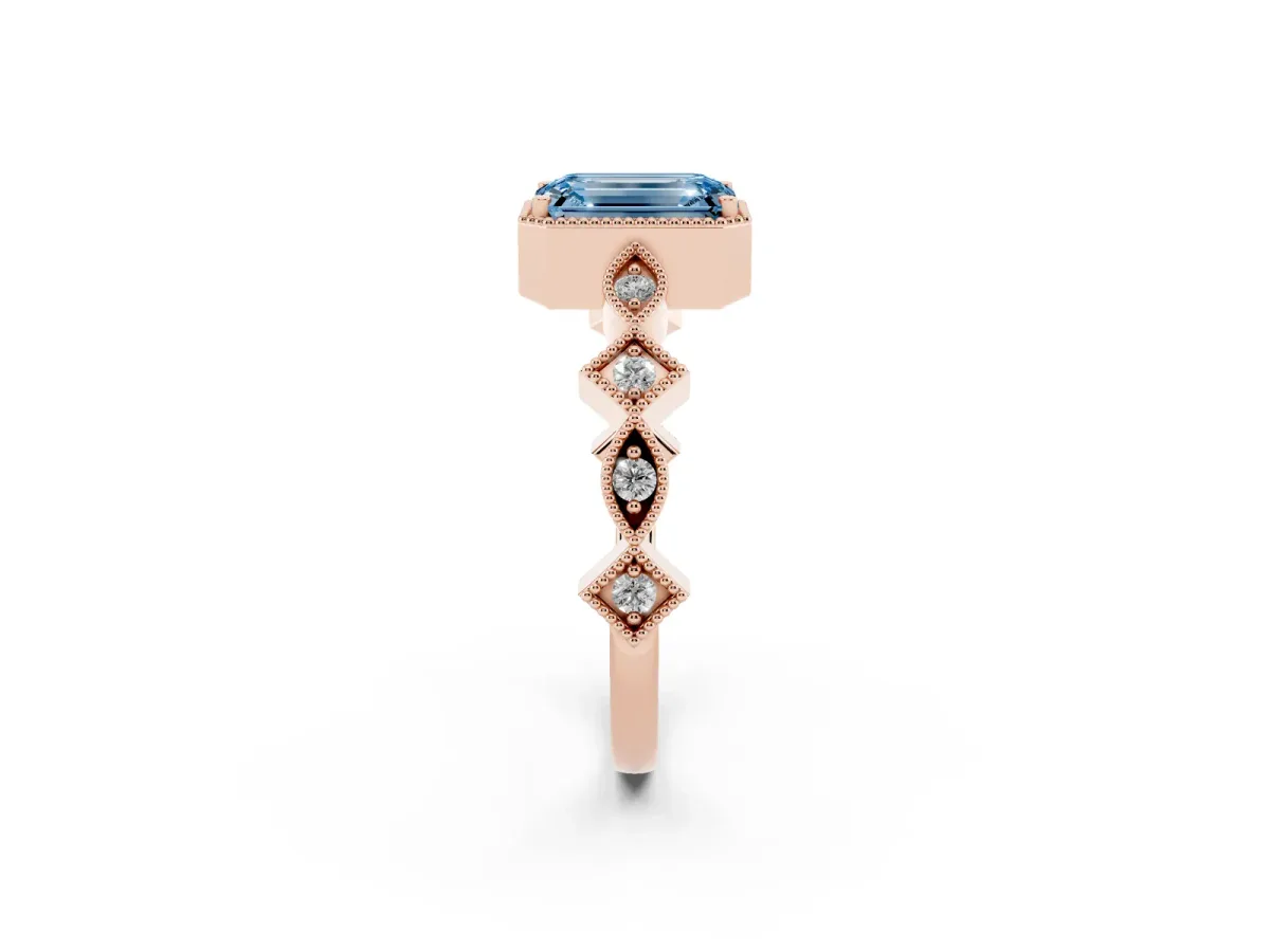 Fancy Blue Emerald Cut Milgrain Marquise Diamond Twist Band Ring Rose gold
