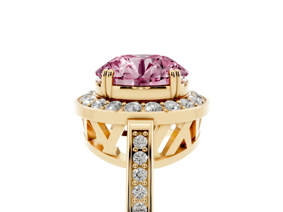Fancy Pink Round Cut Diamond Halo Ring with Split Shank and Four-Prong Setting Yellow gold