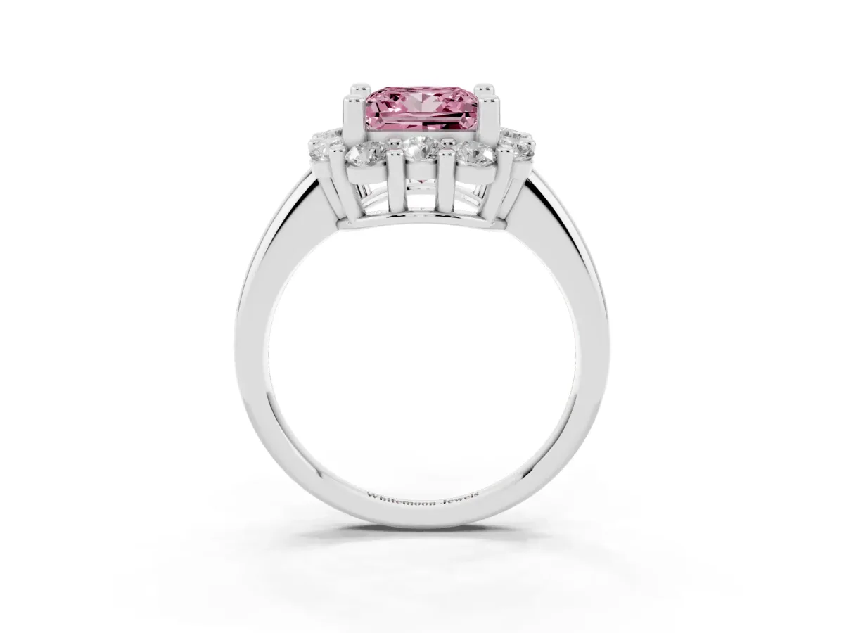 Fancy Pink Princess Cut Halo Cluster Diamond Engagement Ring with Prong Setting and Polished Band Platinum
