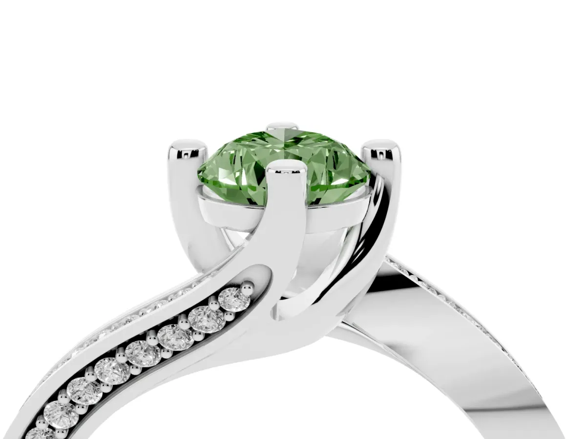 Fancy Green Pear Cut Solitaire Diamond Twist Band with Pavé Setting and Four-Prong Setting Silver