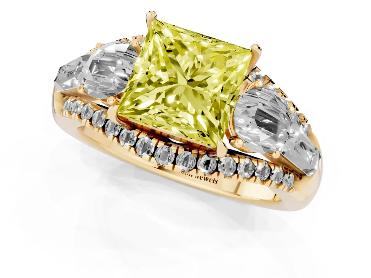 Fancy Yellow Three-Stone Princess Cut Diamond Engagement Ring with Pave Band and Prong Setting Yellow gold