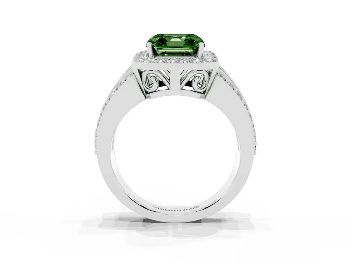 Fancy Green Asscher Cut Halo Diamond Ring with Round Split Shank and Prong Setting Silver