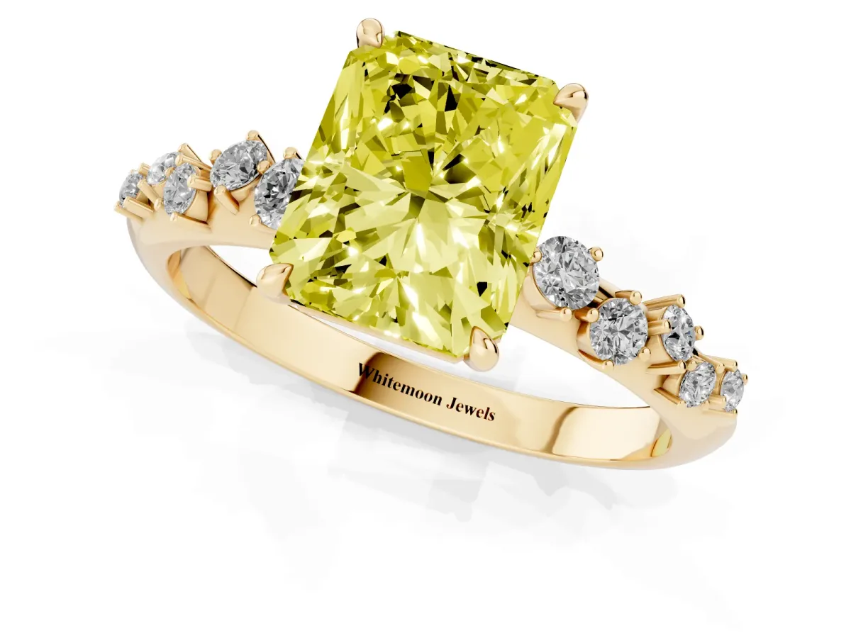 Fancy Yellow Radiant Cut Diamond Cluster Side Stone Solitaire Ring with Prong Setting Yellow gold