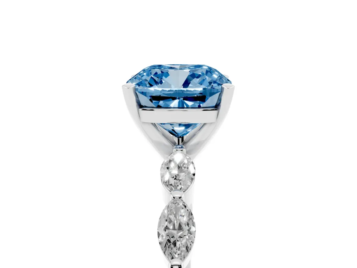 Fancy Blue Cushion Cut Diamond Ring with Marquise Side Stones and Prong Setting White gold
