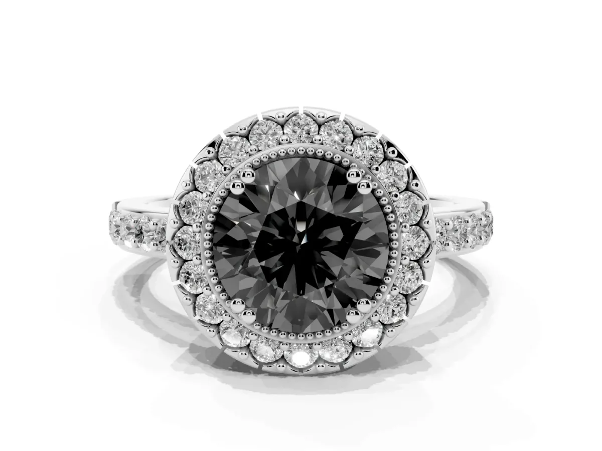 Fancy Black Round Cut Diamond Halo Ring with Pavé Band and Prong Setting Silver