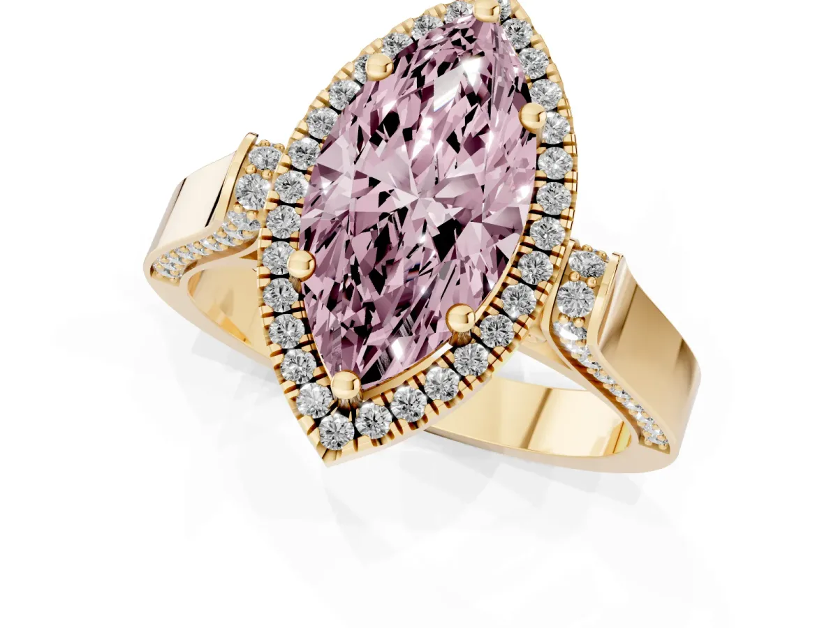 Fancy Pink Marquise Cut Halo Round Diamond Twist Band with Four-Prong Setting Yellow gold